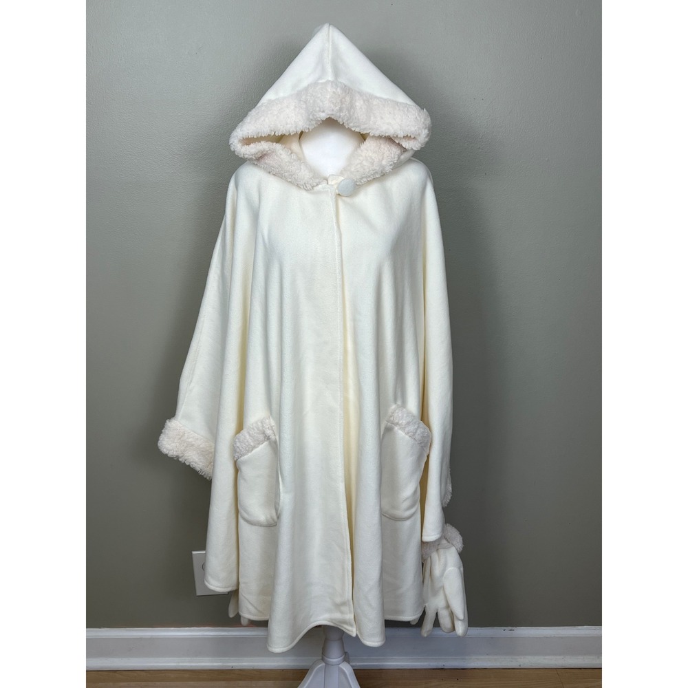 Midnight Velvet Women Ivory Fleece Hooded Cape Sherpa Trim Pockets Gloves Medium